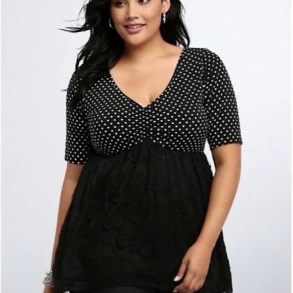 Torrid Polka Dot V-Neck Lace Trim Tunic | Size O (12 L) - Picture 7 of 9